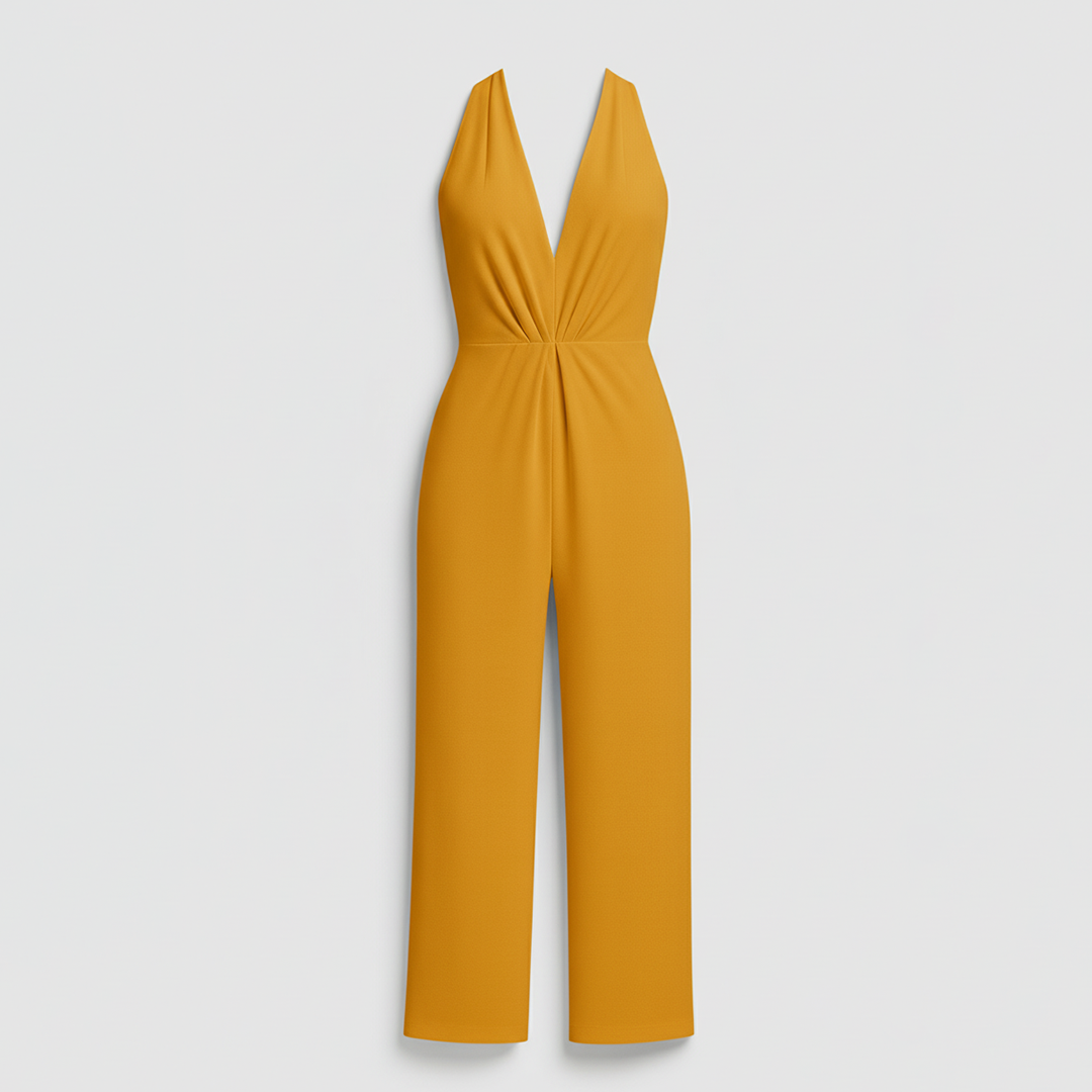 Jumpsuit with halter neckline, wide-leg silhouette, and fitted waist, styled for elegant occasions