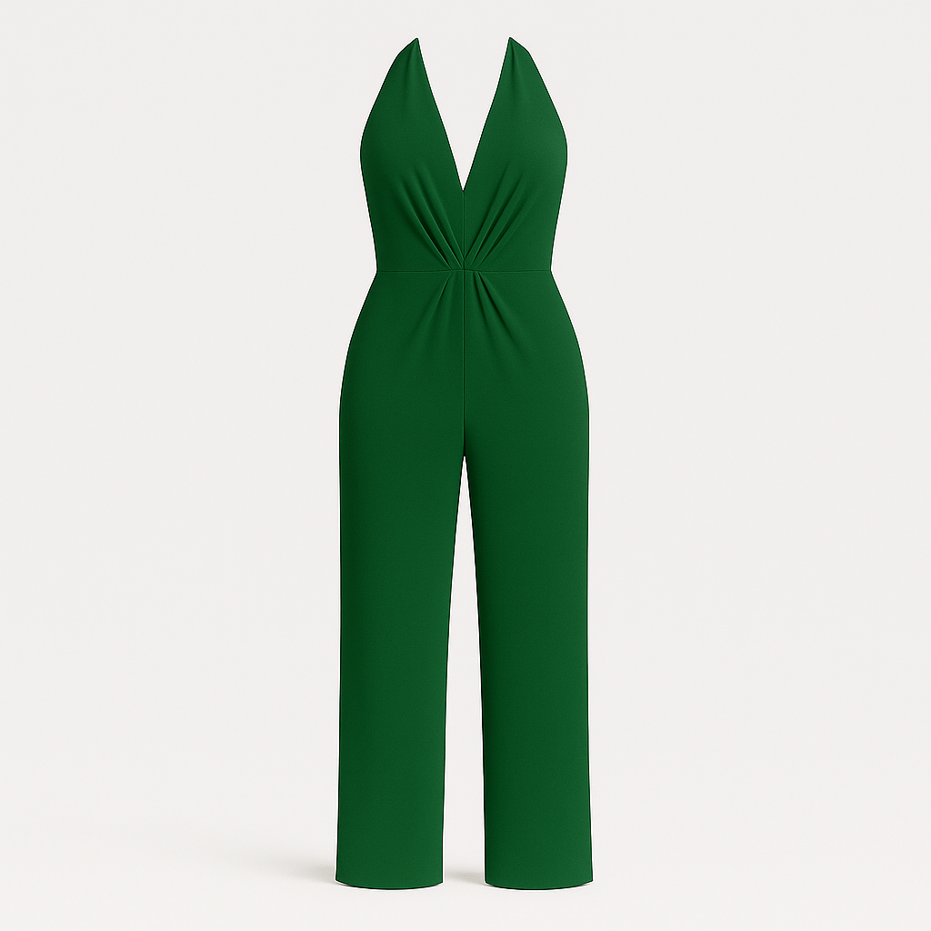 Jumpsuit with halter neckline, wide-leg silhouette, and fitted waist, styled for elegant occasions