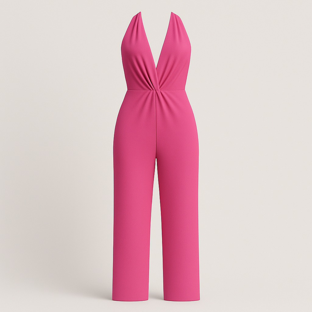 Jumpsuit with halter neckline, wide-leg silhouette, and fitted waist, styled for elegant occasions