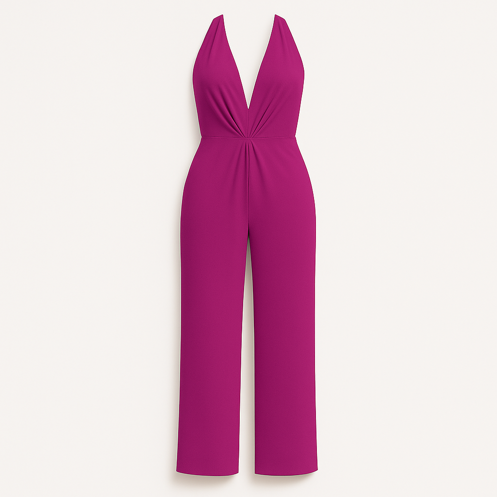 Jumpsuit with halter neckline, wide-leg silhouette, and fitted waist, styled for elegant occasions