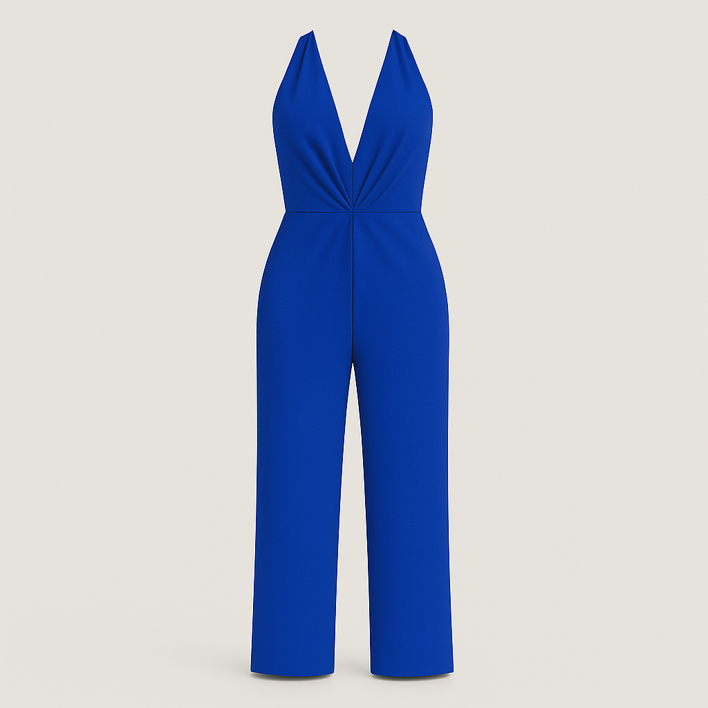 Jumpsuit with halter neckline, wide-leg silhouette, and fitted waist, styled for elegant occasions