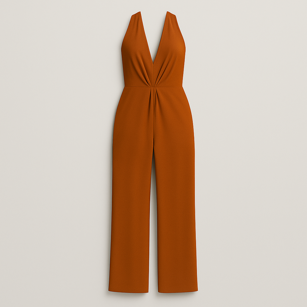 Jumpsuit with halter neckline, wide-leg silhouette, and fitted waist, styled for elegant occasions