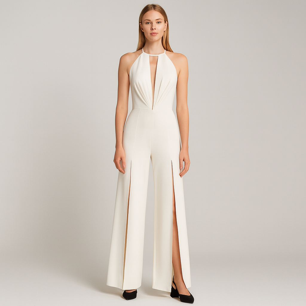 An elegant white halter-neck jumpsuit featuring a deep V-neckline with a sheer inset, a fitted waist, and wide, flowing chiffon legs that create a soft, ethereal effect. She stands in a bright room with large windows and sheer white curtains, exuding a sophisticated and graceful look.