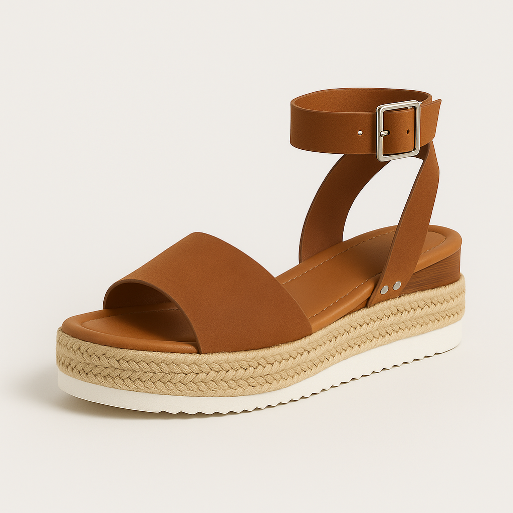 Platform sandals with wide strap, jute-wrapped midsole, and adjustable ankle buckle, styled for casual warm-weather looks