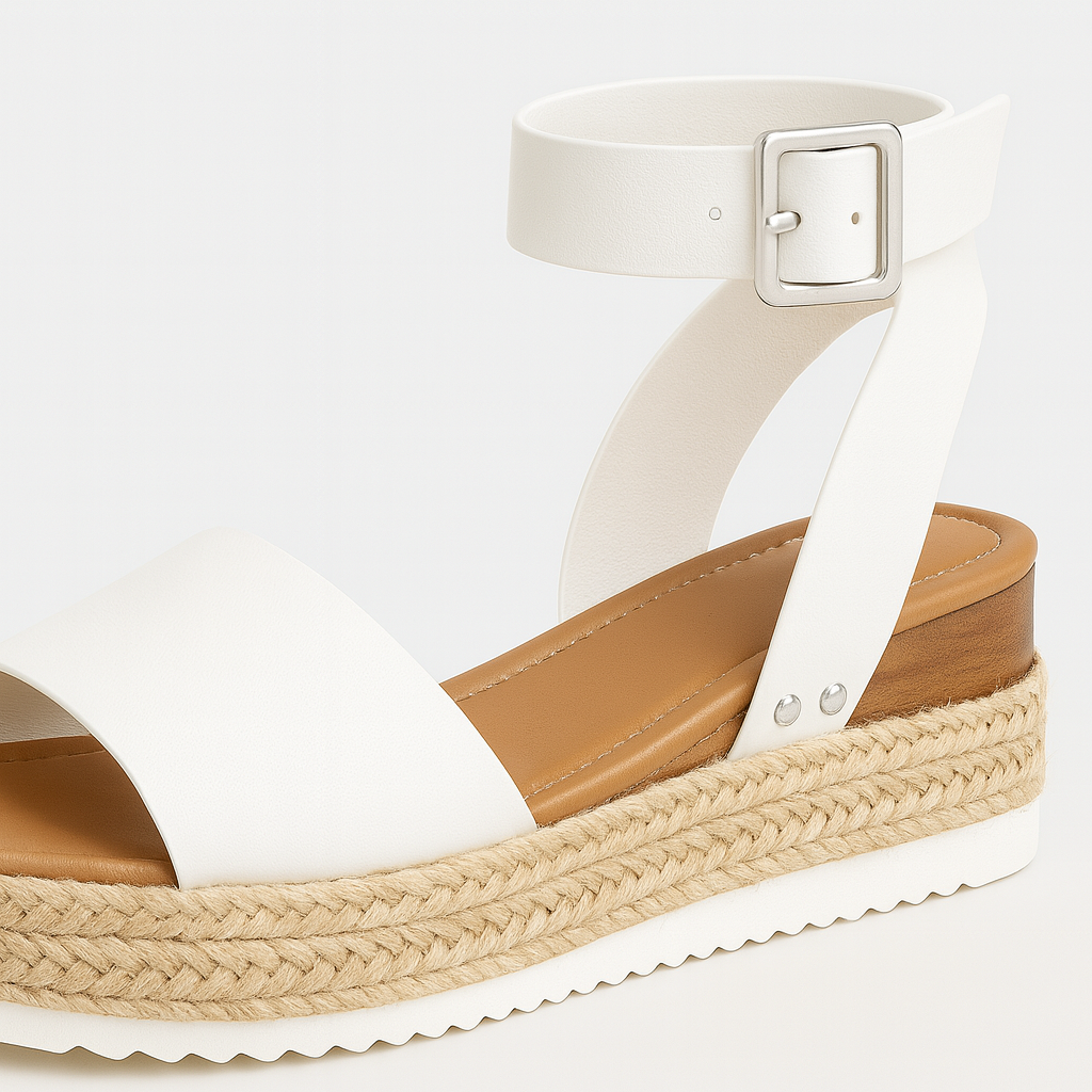 Platform sandals with wide strap, jute-wrapped midsole, and adjustable ankle buckle, styled for casual warm-weather looks