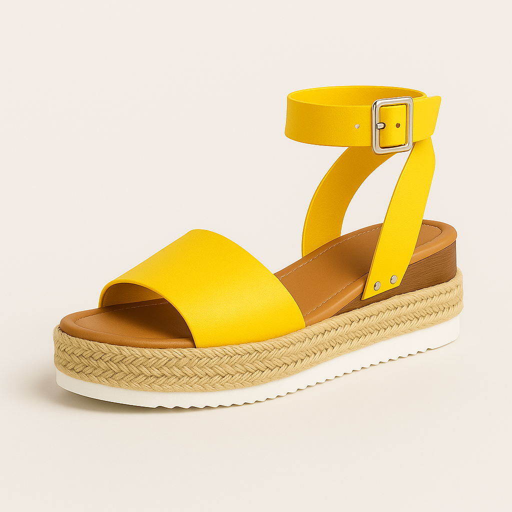 Platform sandals with wide strap, jute-wrapped midsole, and adjustable ankle buckle, styled for casual warm-weather looks