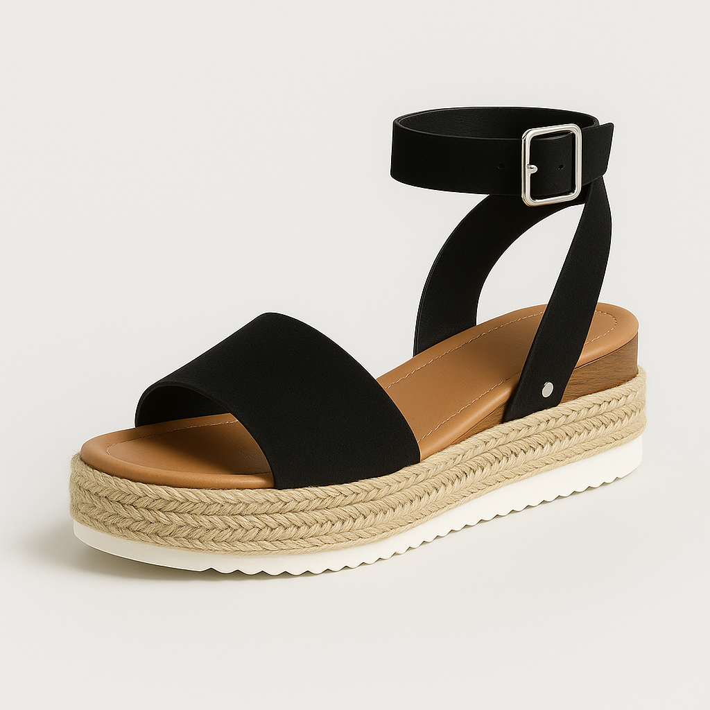 Platform sandals with wide strap, jute-wrapped midsole, and adjustable ankle buckle, styled for casual warm-weather looks