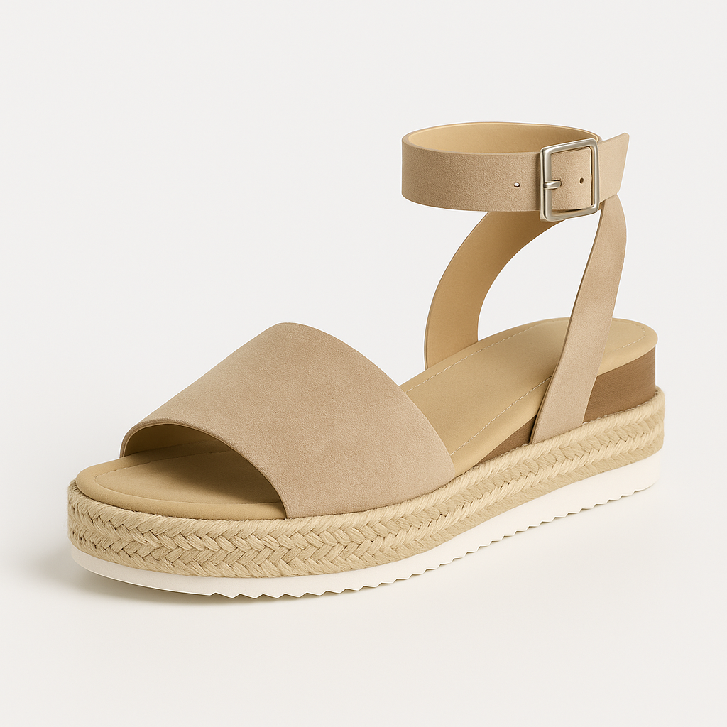 Platform sandals with wide strap, jute-wrapped midsole, and adjustable ankle buckle, styled for casual warm-weather looks