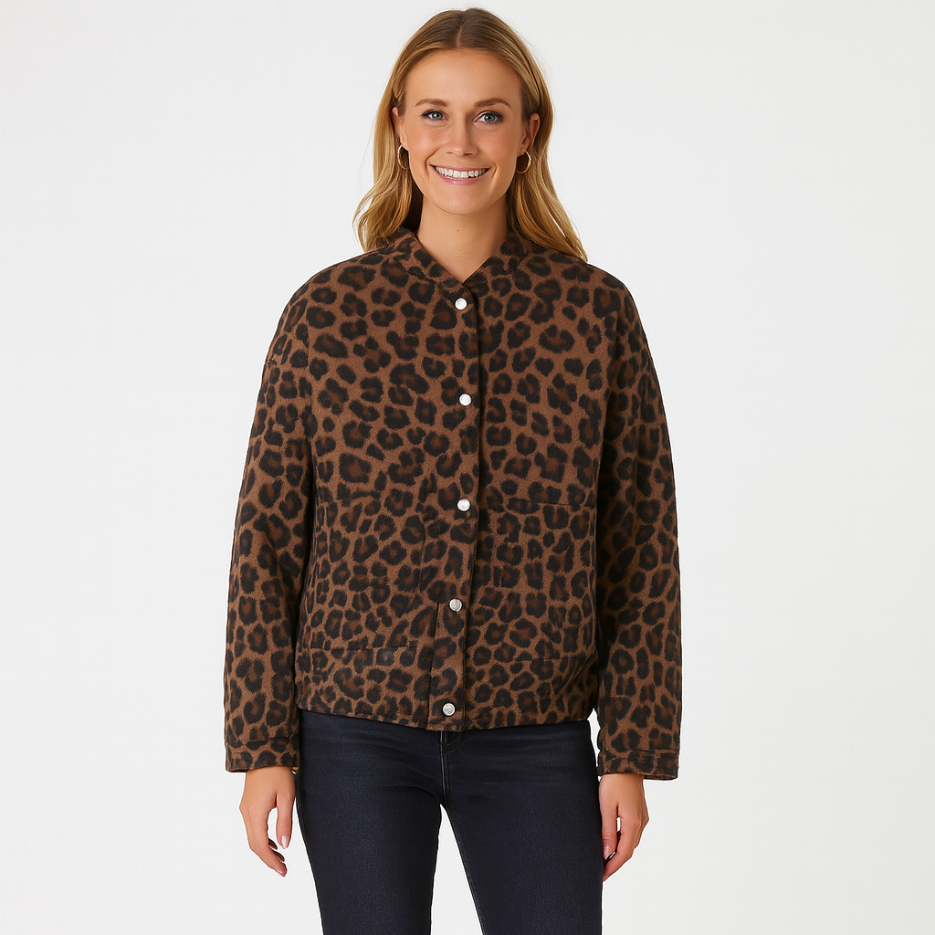 Button-up wool-blend jacket with leopard pattern and front pockets