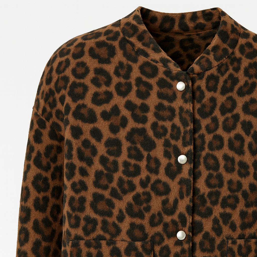 Button-up wool-blend jacket with leopard pattern and front pockets