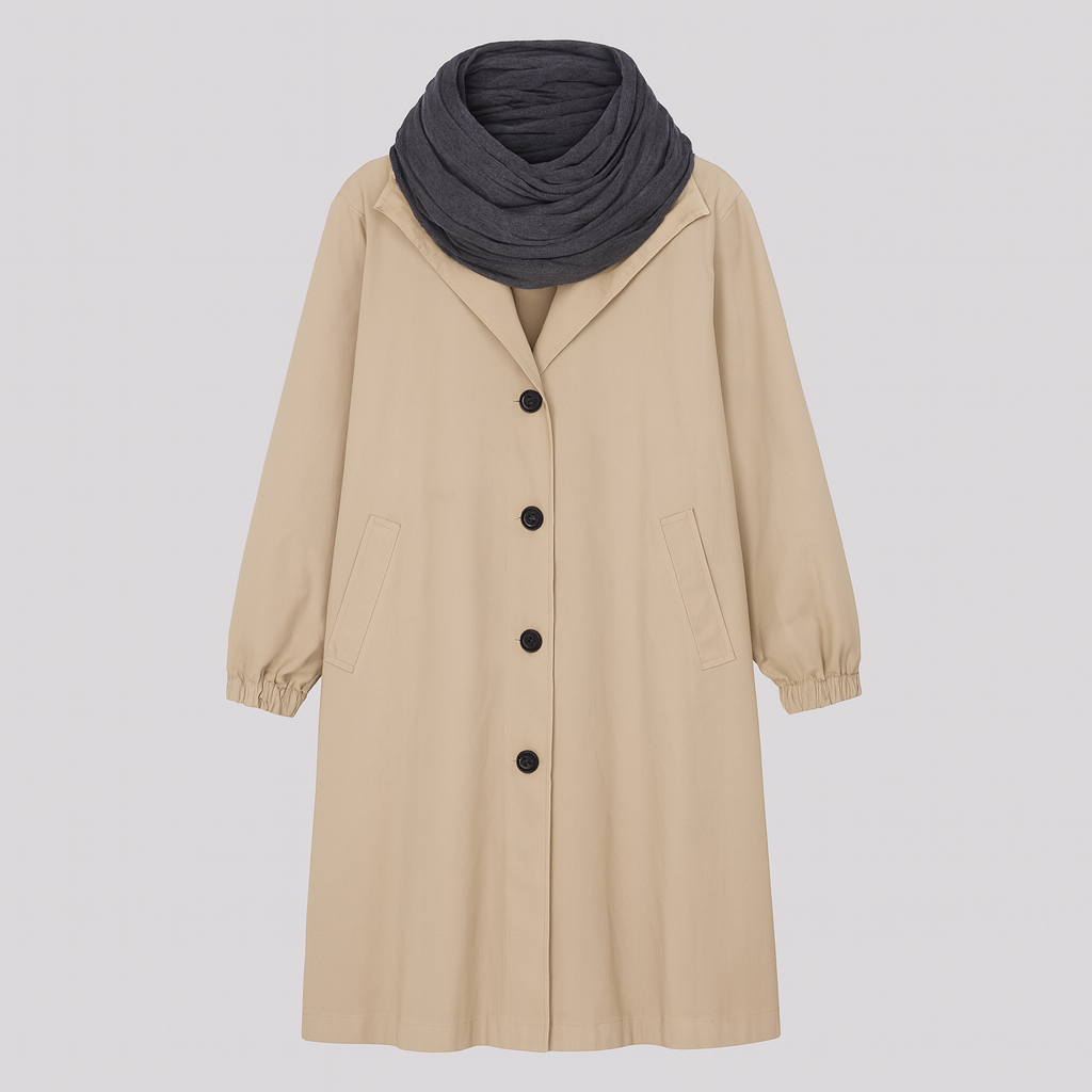 Hooded coat with button-front closure, elastic cuff sleeves, and side pockets, styled with a scarf and casual layering