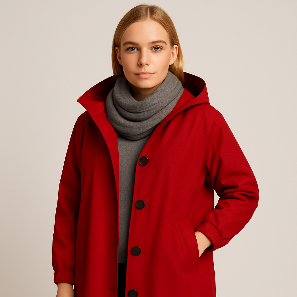 Hooded coat with button-front closure, elastic cuff sleeves, and side pockets, styled with a scarf and casual layering