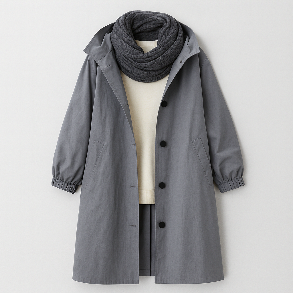 Hooded coat with button-front closure, elastic cuff sleeves, and side pockets, styled with a scarf and casual layering