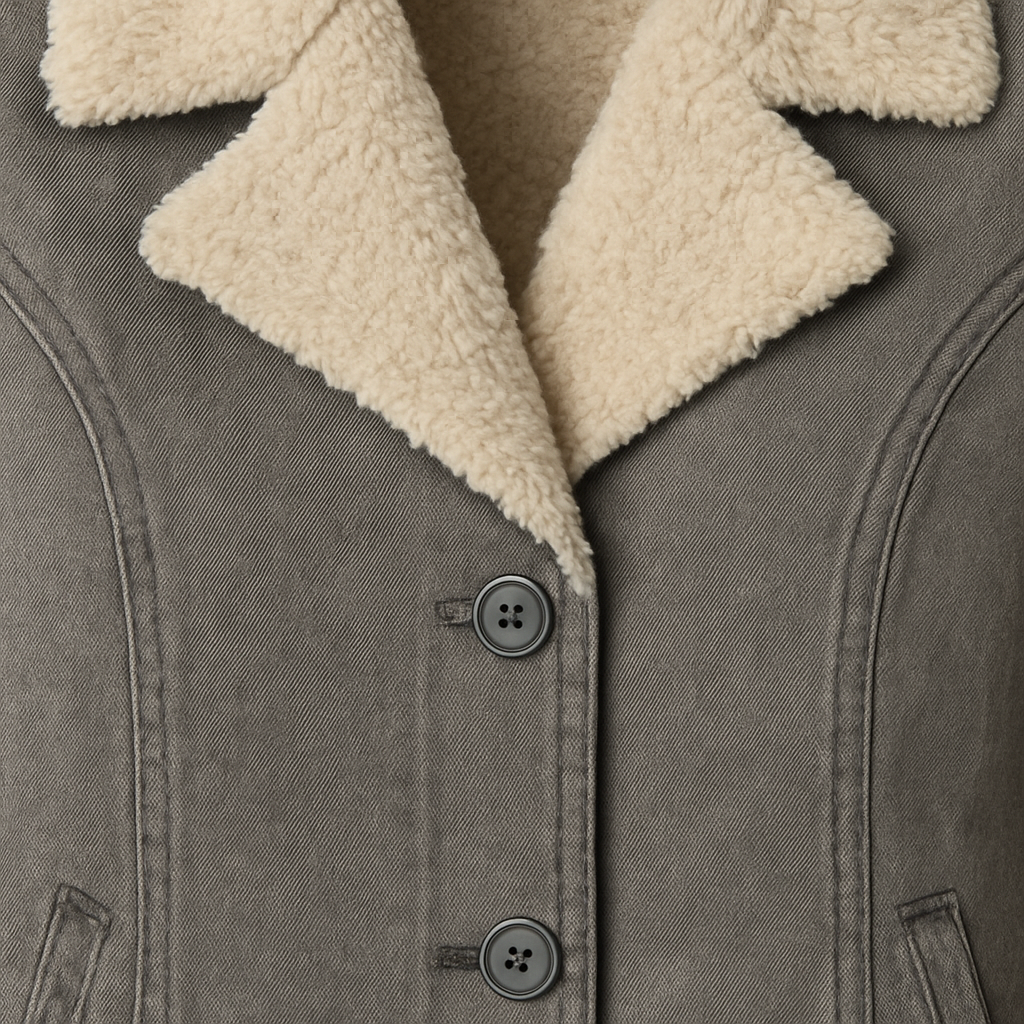 Button-up jacket with wide lapel collar, faux shearling lining, and front welt pockets.