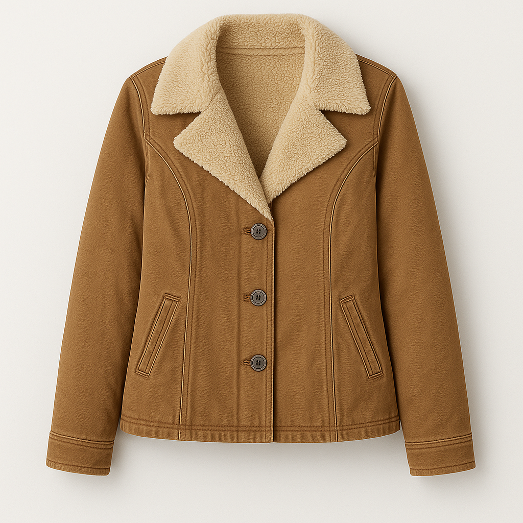 Button-up jacket with wide lapel collar, faux shearling lining, and front welt pockets.