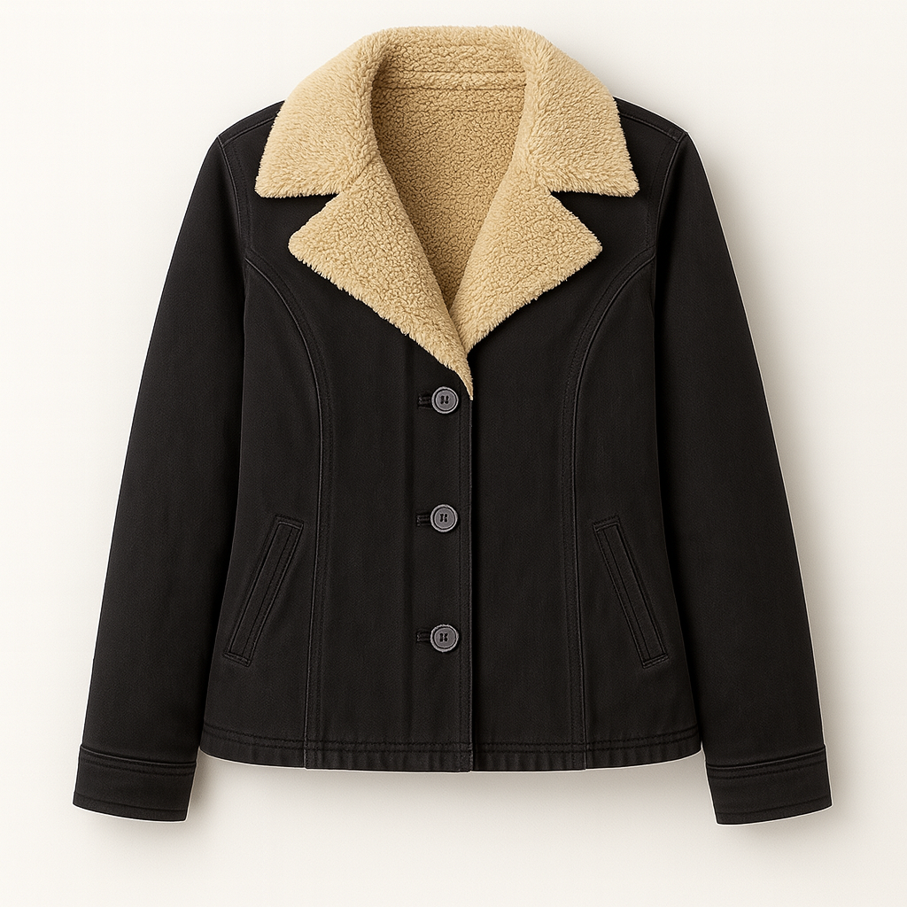 Button-up jacket with wide lapel collar, faux shearling lining, and front welt pockets.