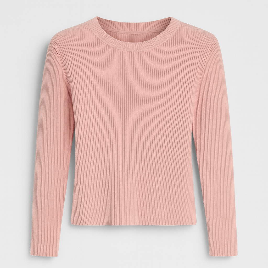 A fitted ribbed knit top with a crew neckline and long sleeves.