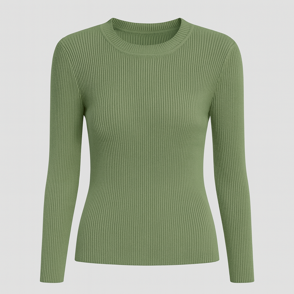 A fitted ribbed knit top with a crew neckline and long sleeves.