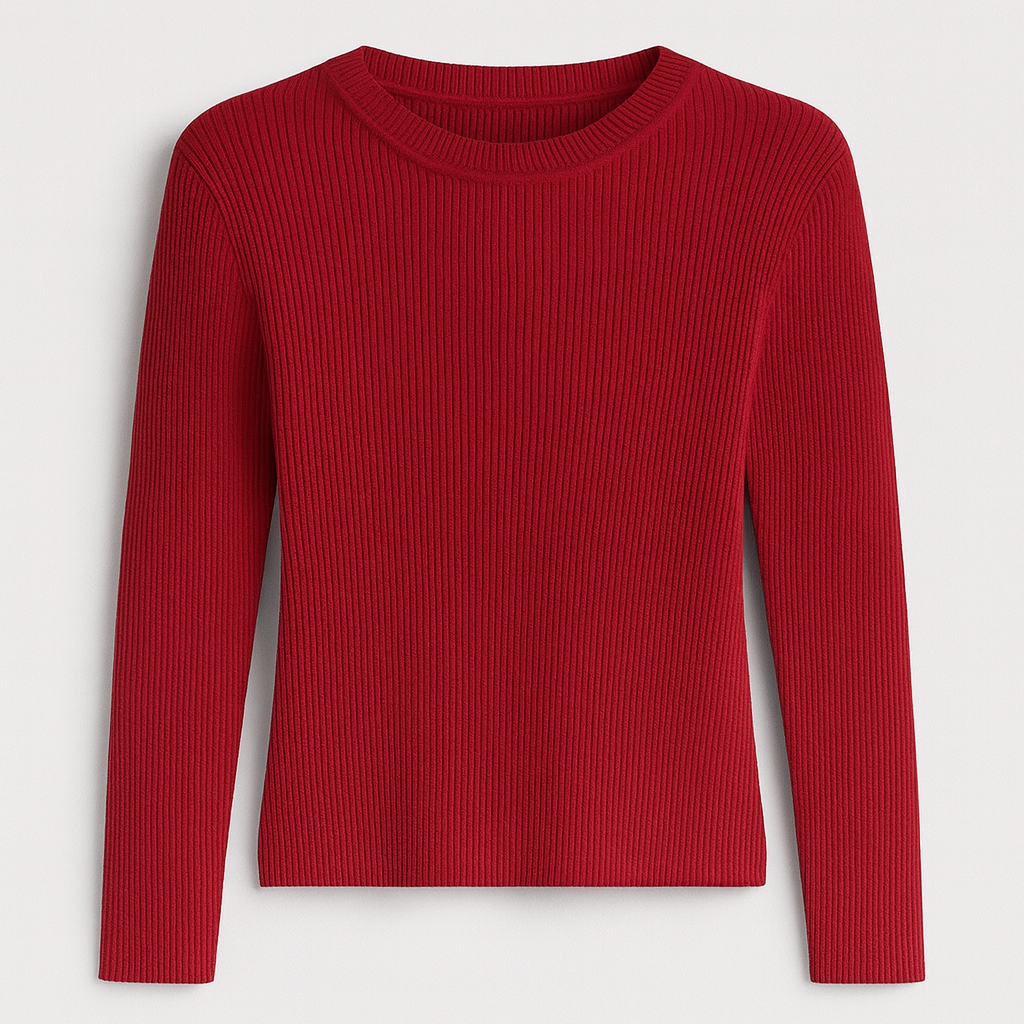A fitted ribbed knit top with a crew neckline and long sleeves.