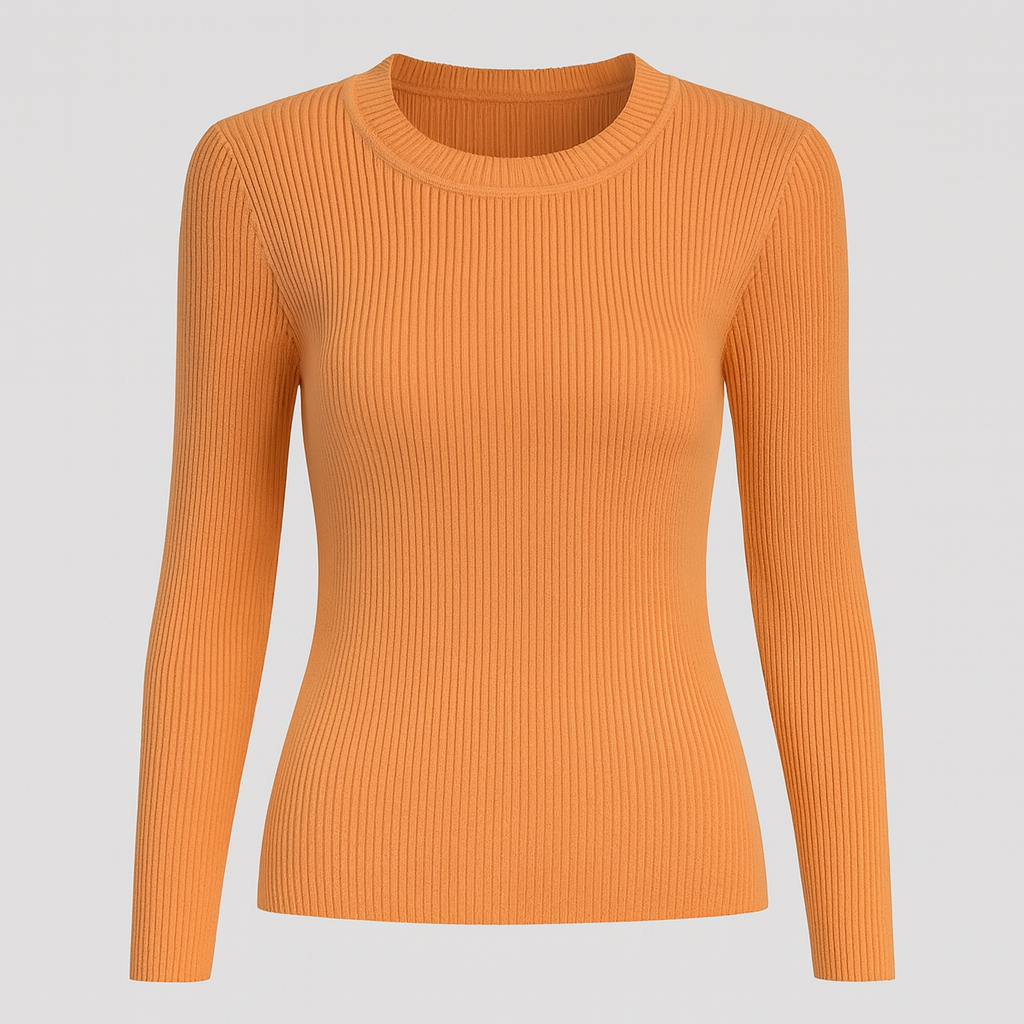 A fitted ribbed knit top with a crew neckline and long sleeves.