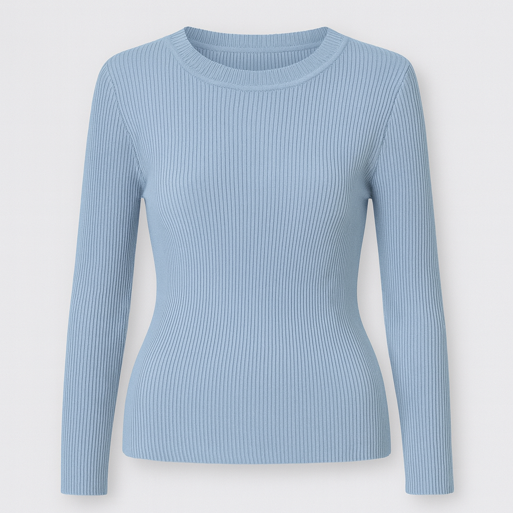A fitted ribbed knit top with a crew neckline and long sleeves.