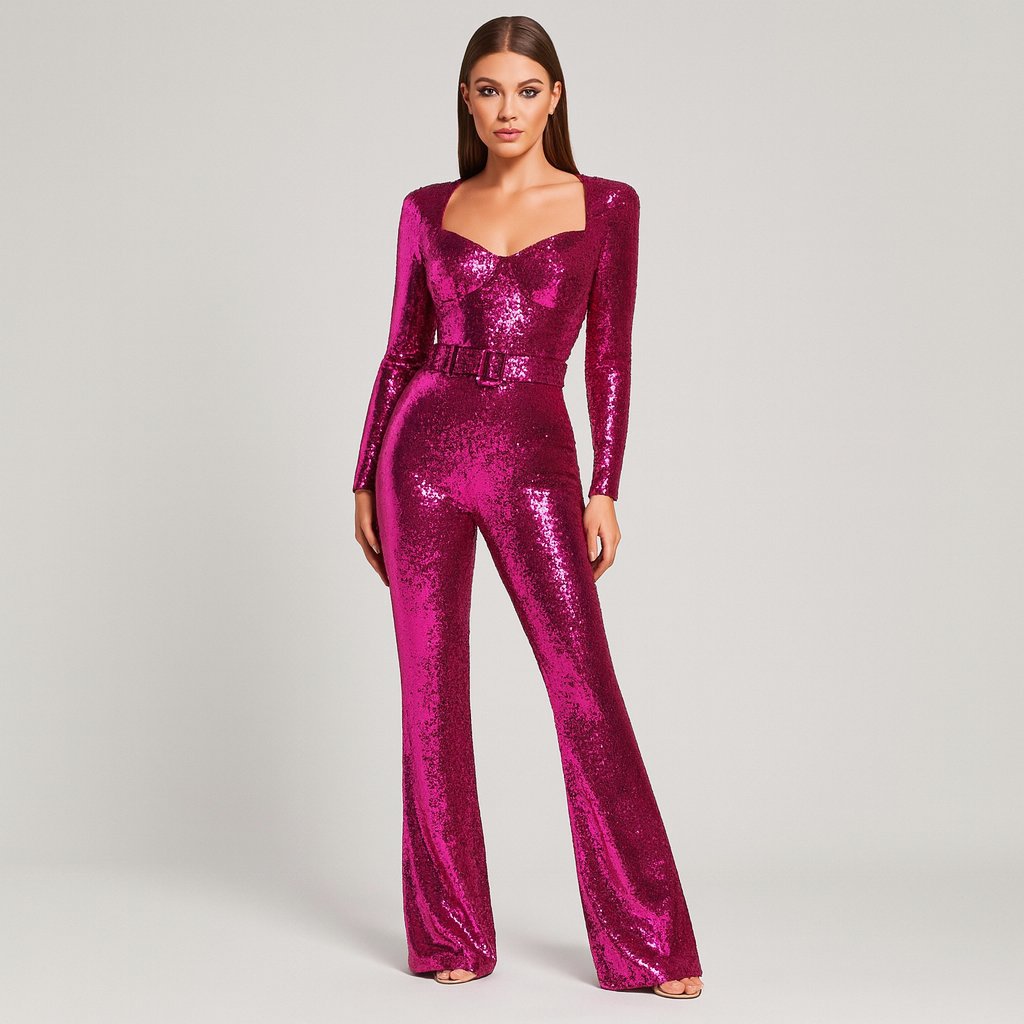Sequin jumpsuit with long sleeves, sweetheart neckline, fitted waist with matching belt, and flared legs.