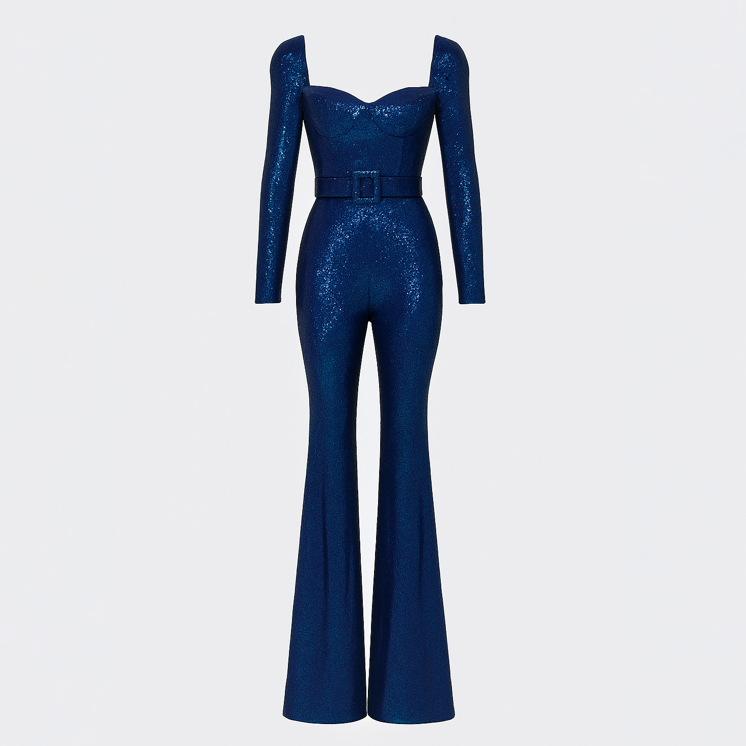 Sequin jumpsuit with long sleeves, sweetheart neckline, fitted waist with matching belt, and flared legs.