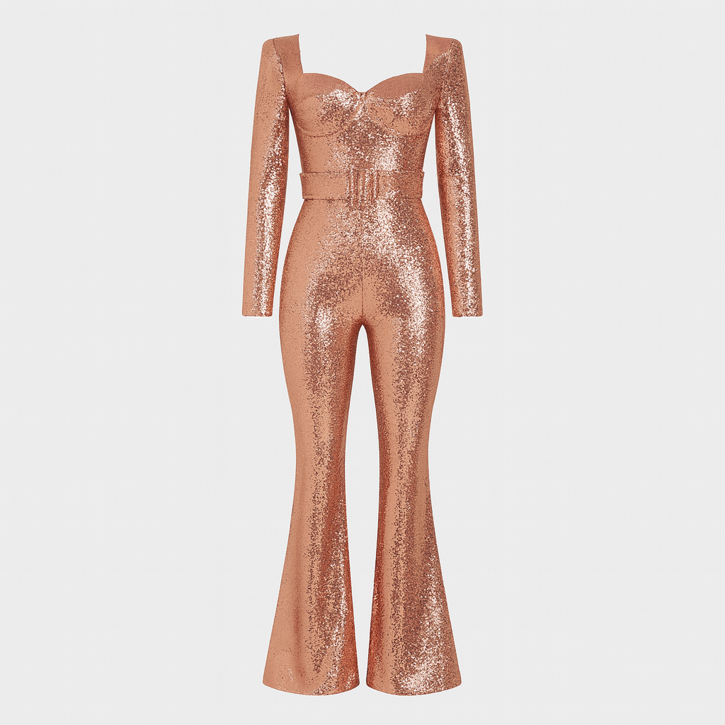 Sequin jumpsuit with long sleeves, sweetheart neckline, fitted waist with matching belt, and flared legs.