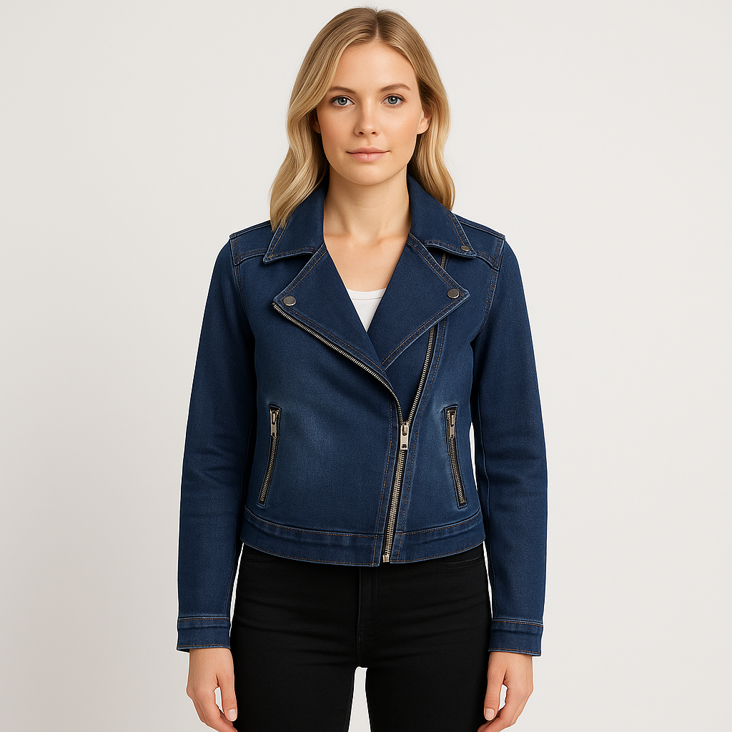Denim jacket with asymmetrical front zipper, notched lapel collar, and side zip pockets designed for casual layering