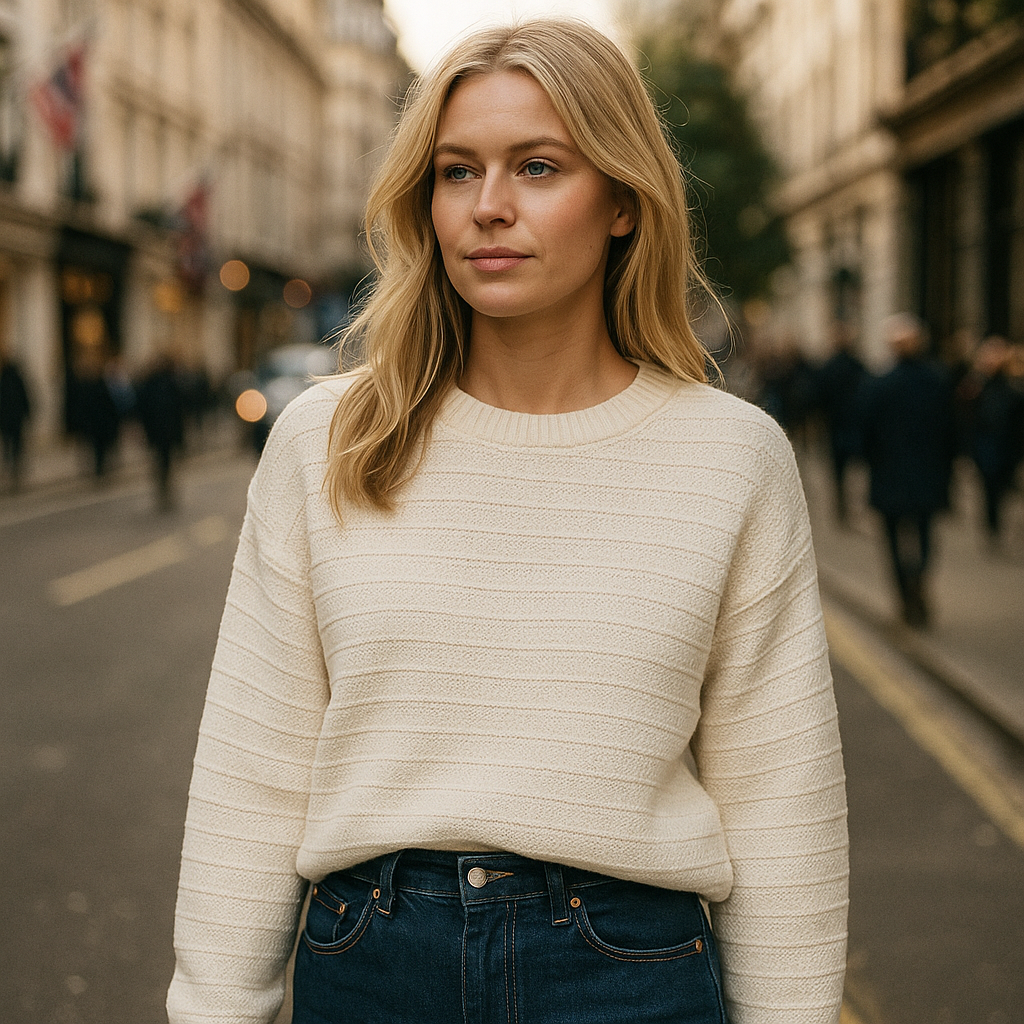 A cream knit sweater with subtle horizontal textured stripes