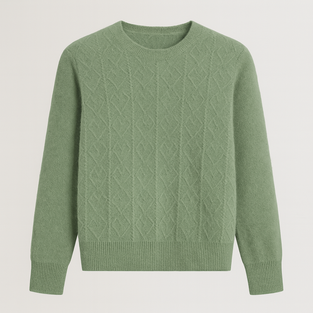 A crewneck sweater with a textured diamond-knit pattern, long sleeves, and ribbed cuffs, hem, and neckline.