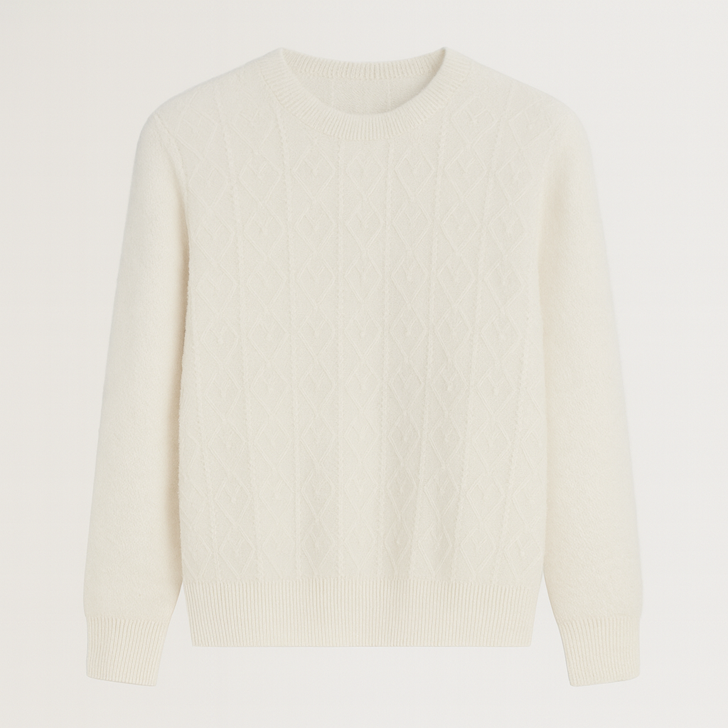 A crewneck sweater with a textured diamond-knit pattern, long sleeves, and ribbed cuffs, hem, and neckline.