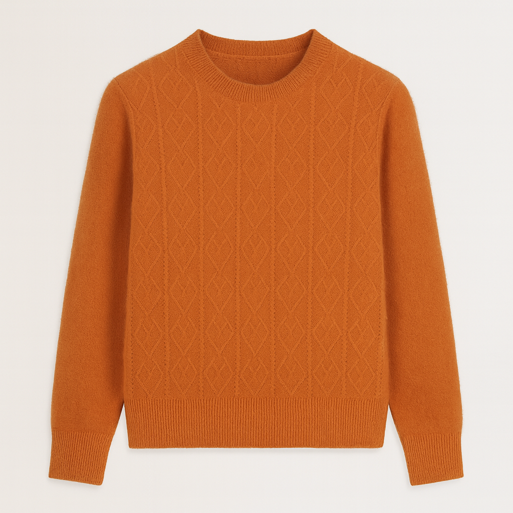 A crewneck sweater with a textured diamond-knit pattern, long sleeves, and ribbed cuffs, hem, and neckline.