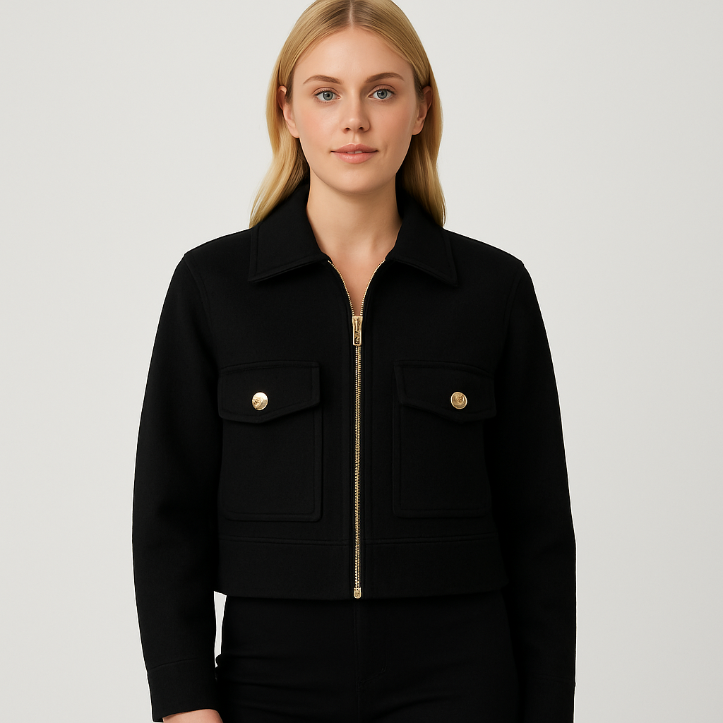 A cropped blazer with long sleeves, a notched lapel neckline, a single-button closure, and a textured finish.