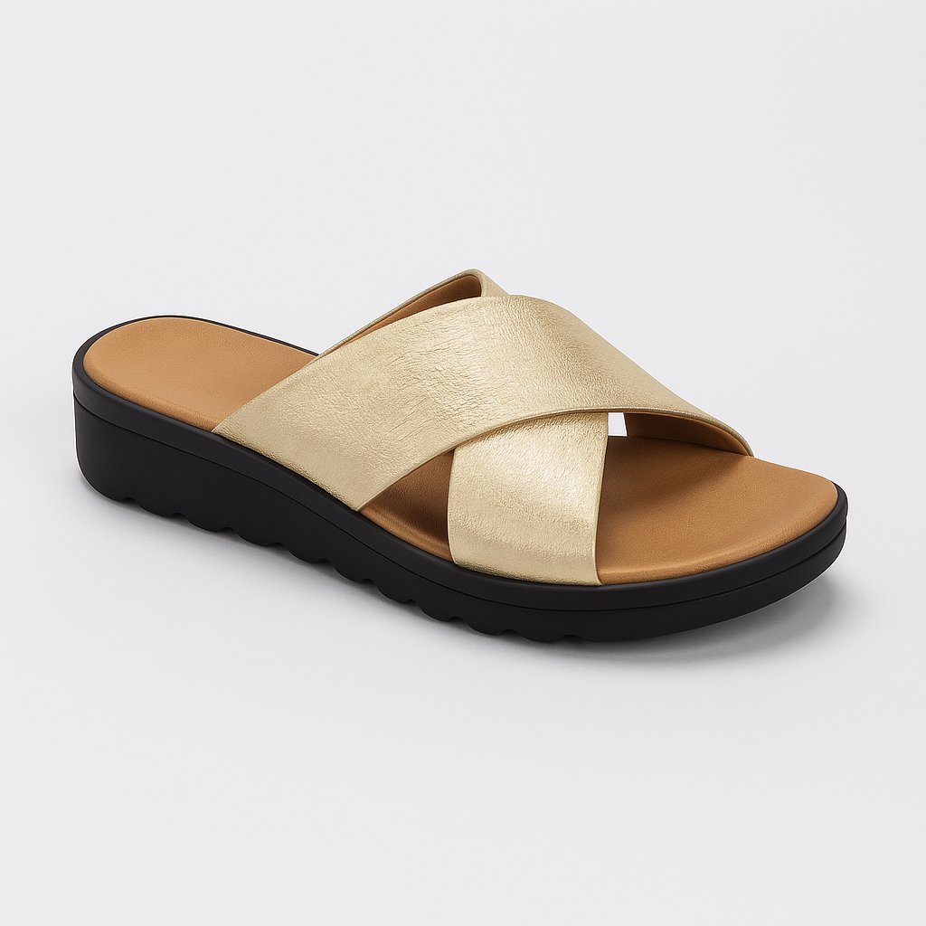 Slide sandal with wide crisscross straps and contoured sole.