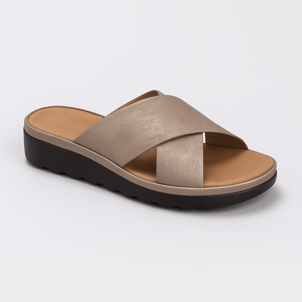 Slide sandal with wide crisscross straps and contoured sole.