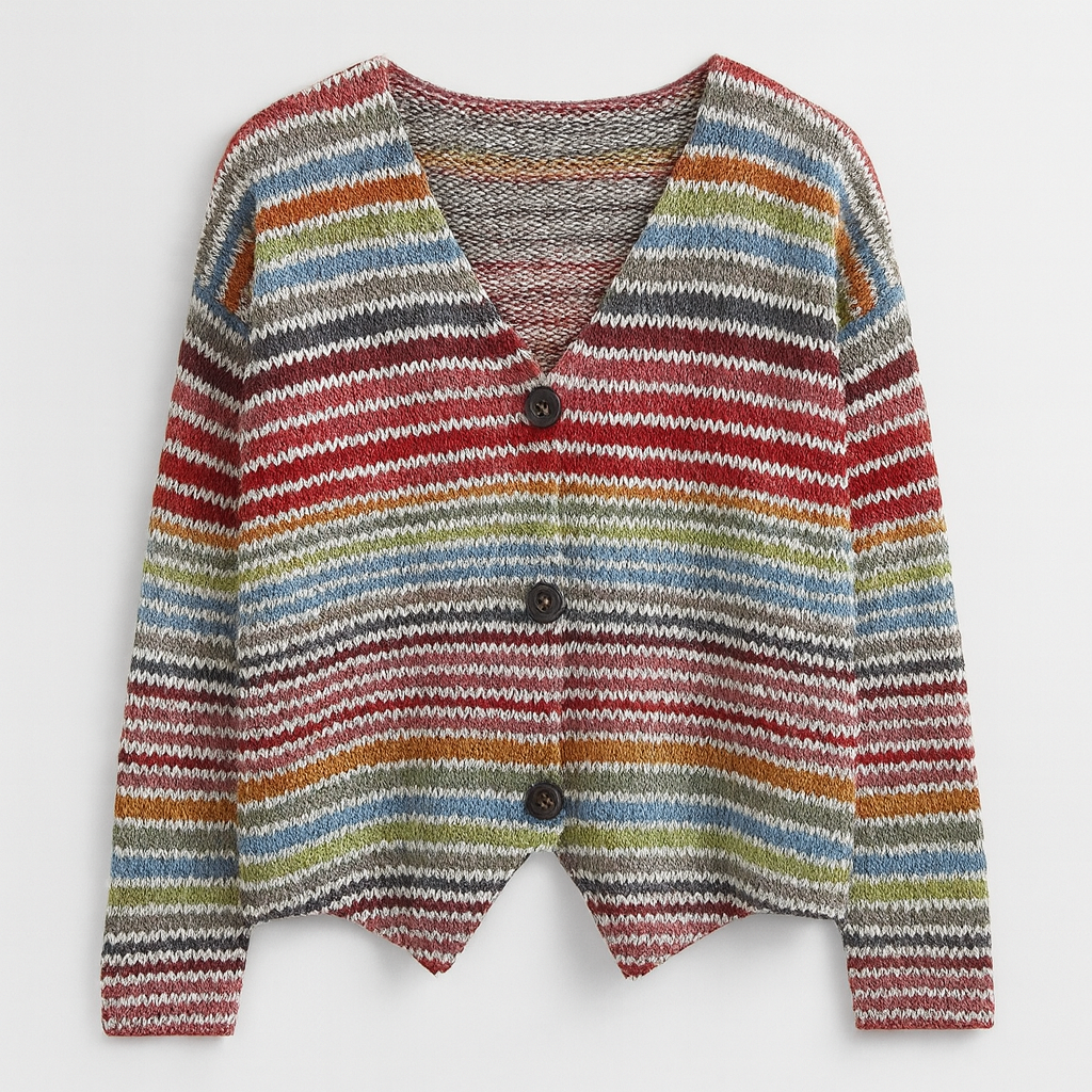 A knitted cardigan with a V-neckline, long sleeves, front button closure, and a colorful wavy striped pattern.