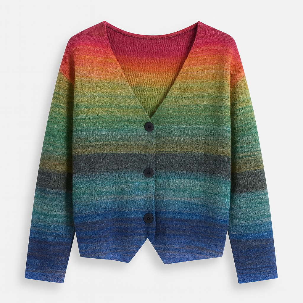 A knitted cardigan with a V-neckline, long sleeves, front button closure, and a colorful wavy striped pattern.