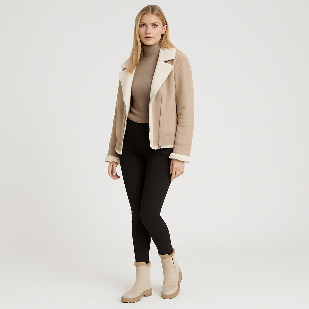 A mid-calf winter boot with a soft suede exterior, side zipper closure, pull tab at the heel, faux-fur lining, and a chunky ridged sole.