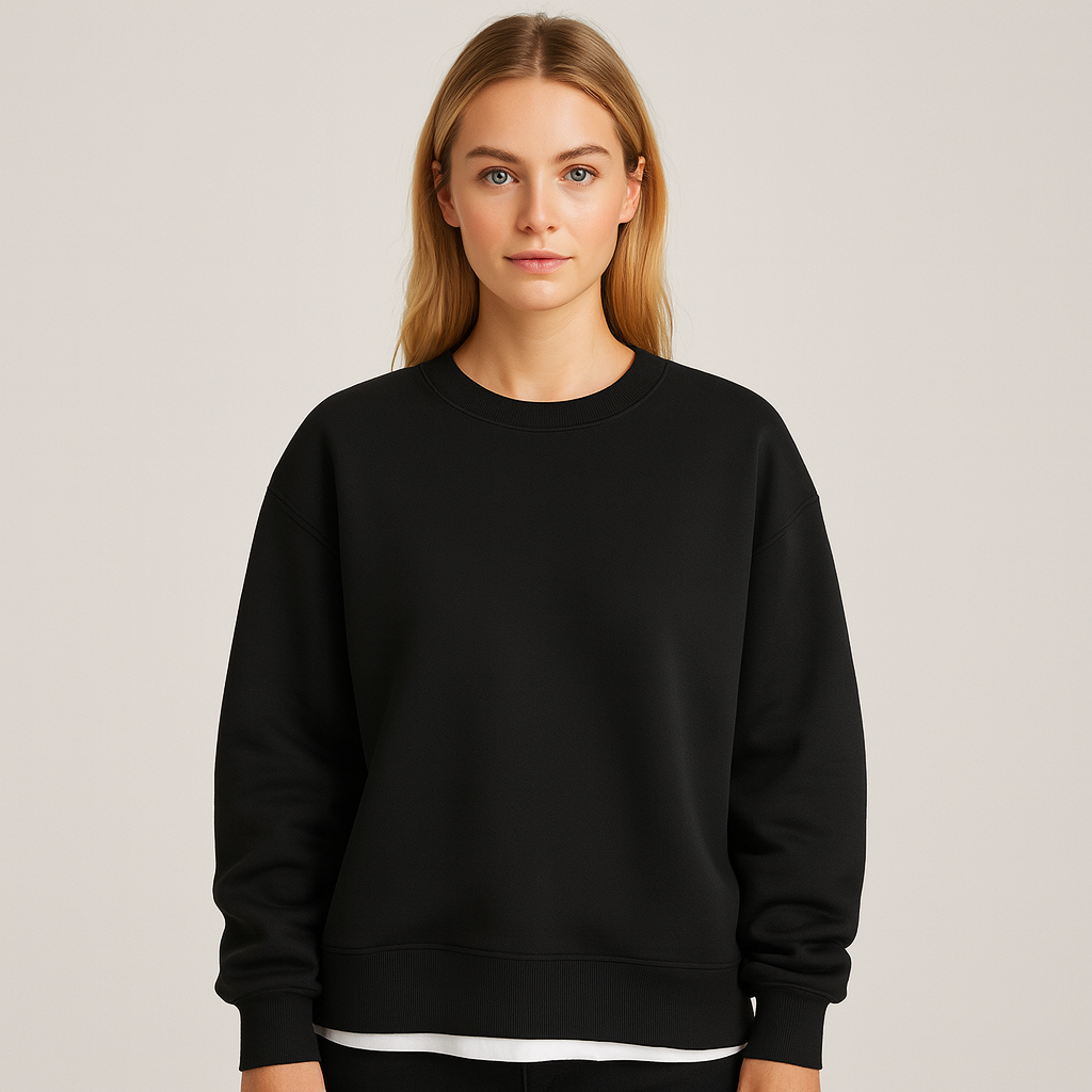 A plain pullover sweatshirt with a crew neckline, long sleeves, and ribbed cuffs and hem.