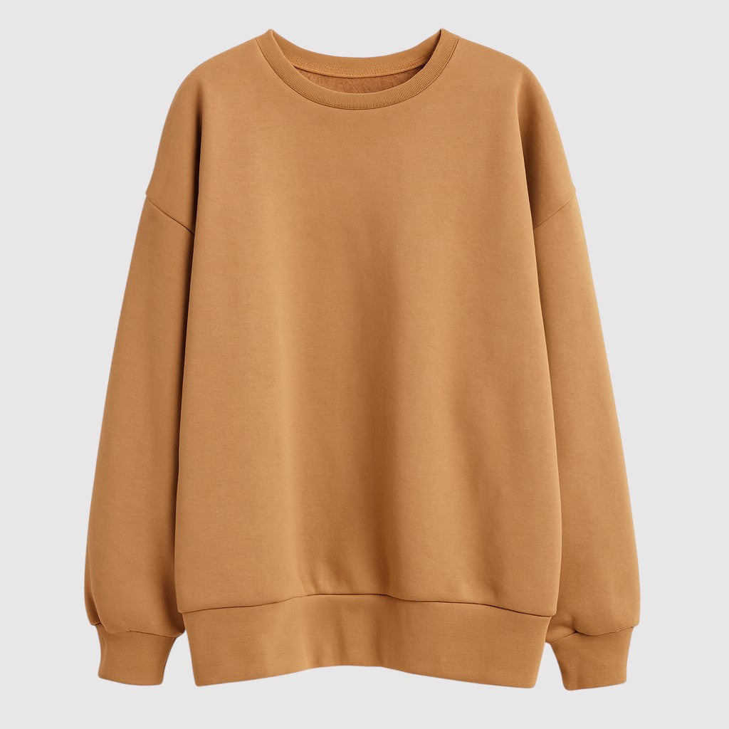 A plain pullover sweatshirt with a crew neckline, long sleeves, and ribbed cuffs and hem.