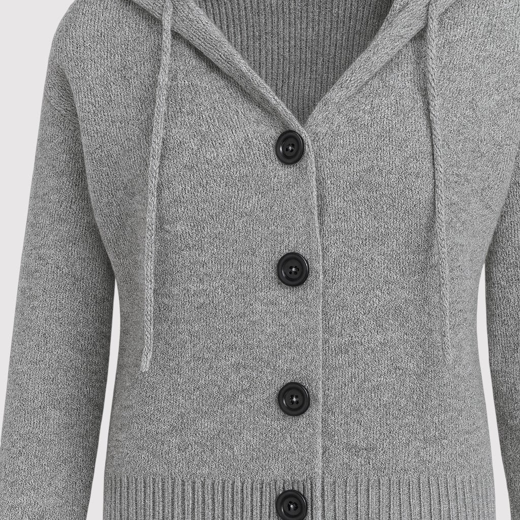 A knitted cardigan with a hood and drawstrings, front button closure with four black buttons, ribbed cuffs, and a ribbed hem.
