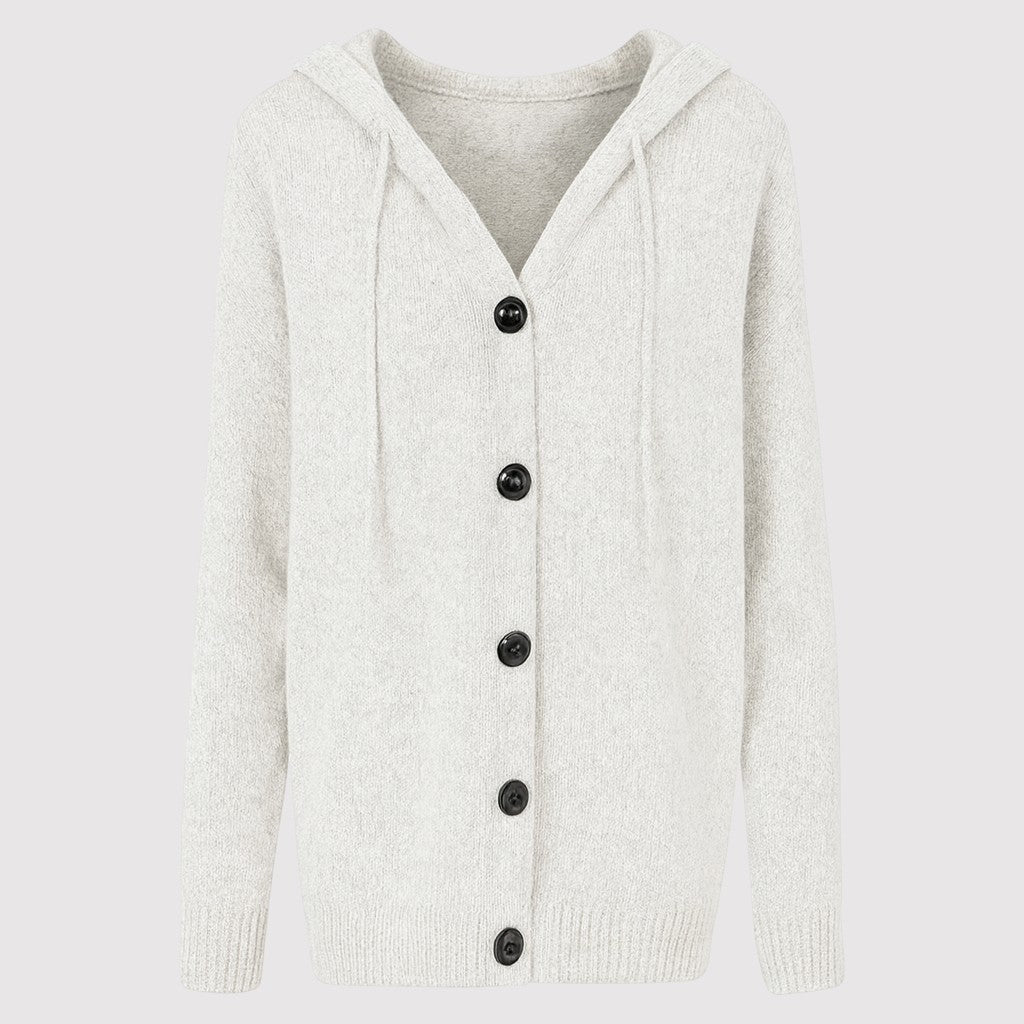 A knitted cardigan with a hood and drawstrings, front button closure with four black buttons, ribbed cuffs, and a ribbed hem.