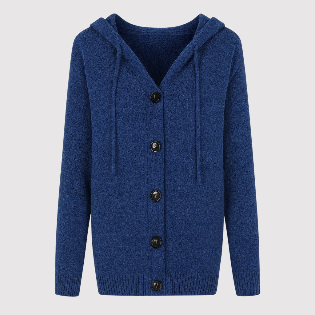 A knitted cardigan with a hood and drawstrings, front button closure with four black buttons, ribbed cuffs, and a ribbed hem.