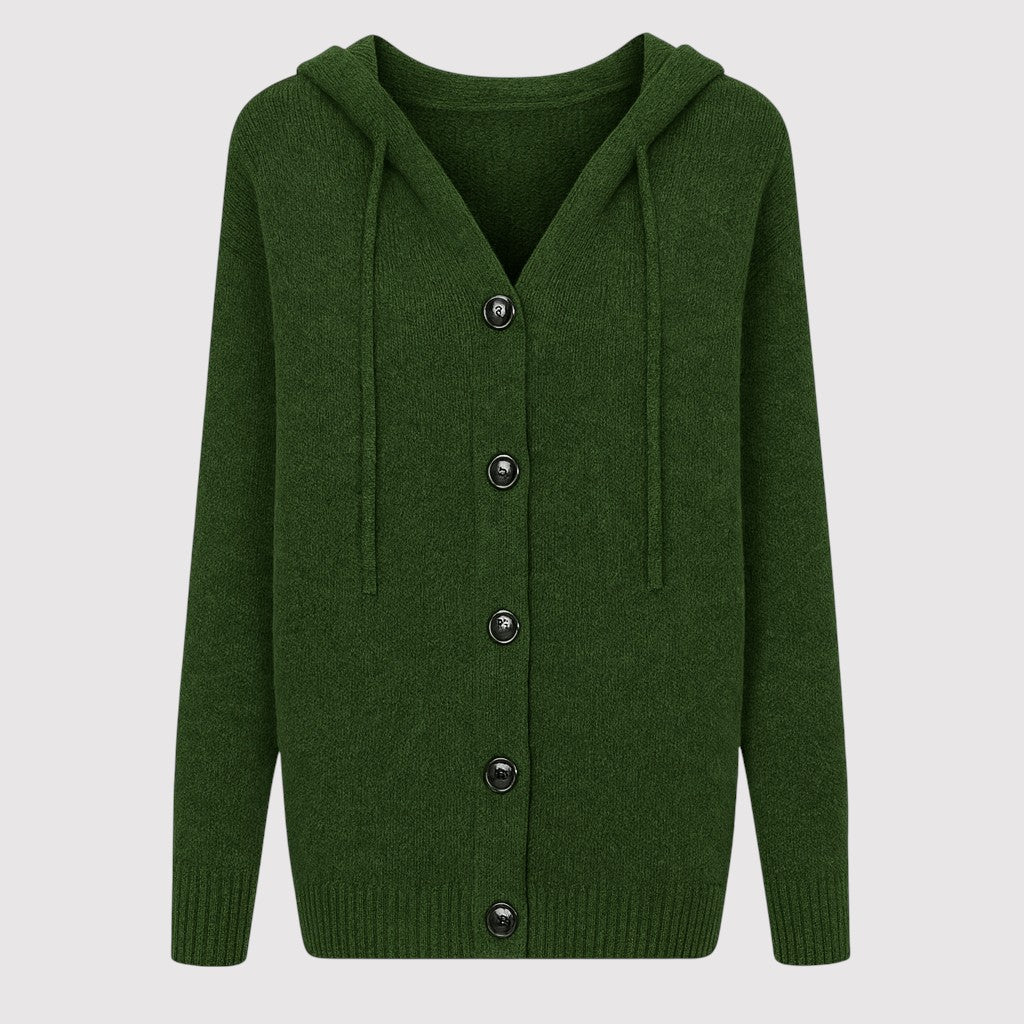 A knitted cardigan with a hood and drawstrings, front button closure with four black buttons, ribbed cuffs, and a ribbed hem.