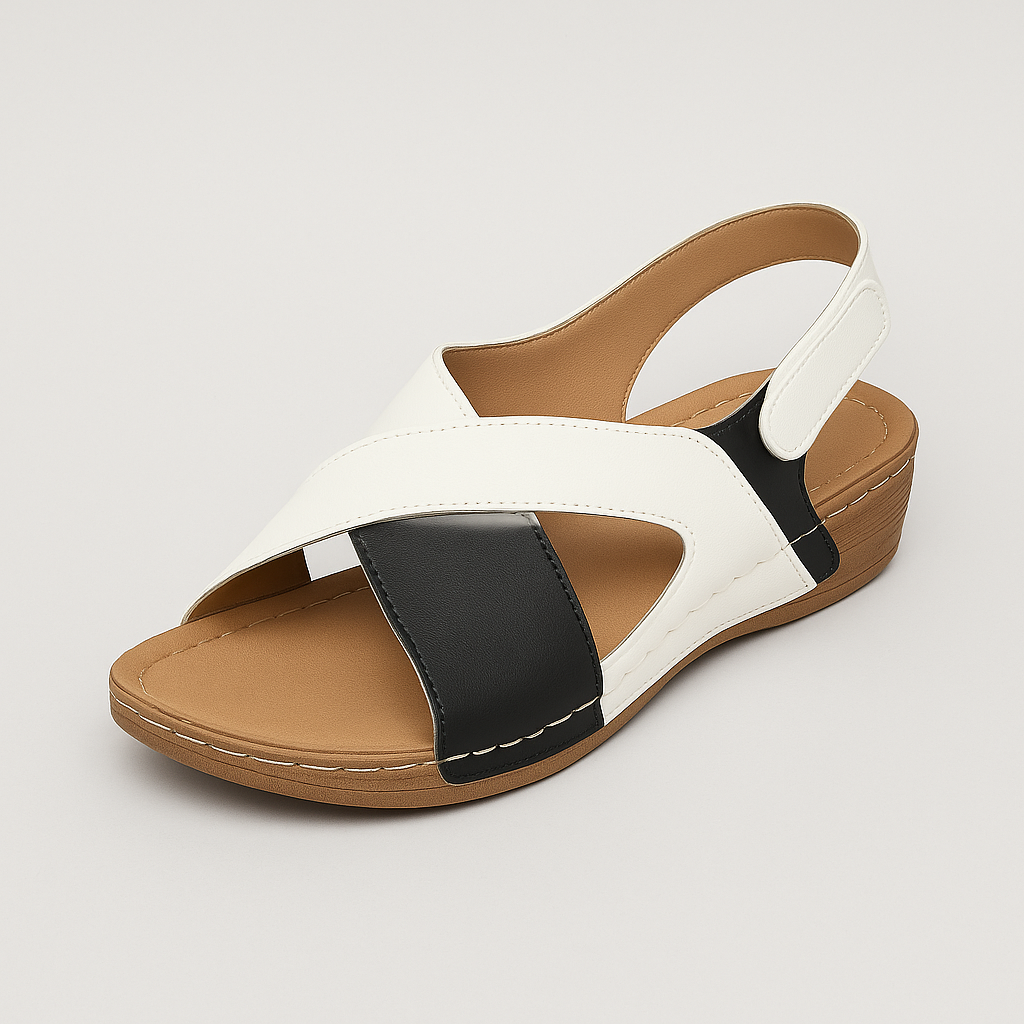 Two-tone wedge sandals with open toe, cross-strap design, and cushioned sole for casual summer wear