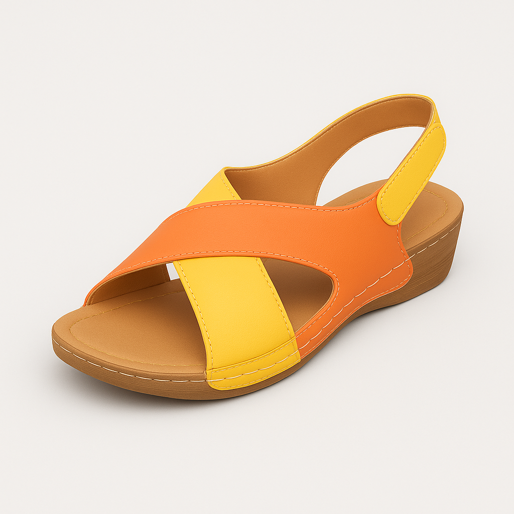 Two-tone wedge sandals with open toe, cross-strap design, and cushioned sole for casual summer wear