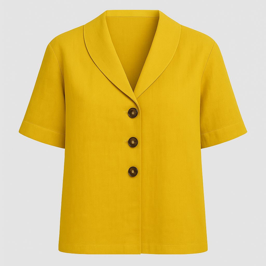 Linen-blend short sleeve blouse with wide collar and three-button front