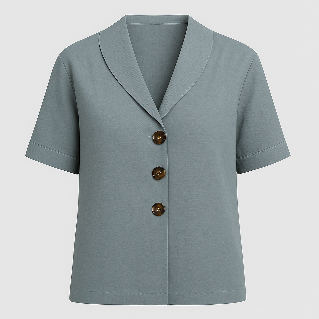Linen-blend short sleeve blouse with wide collar and three-button front