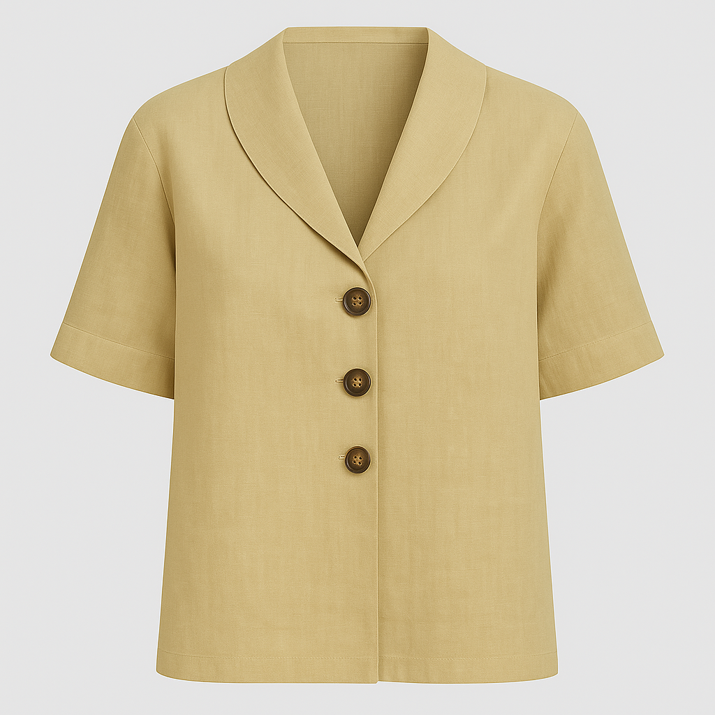 Linen-blend short sleeve blouse with wide collar and three-button front